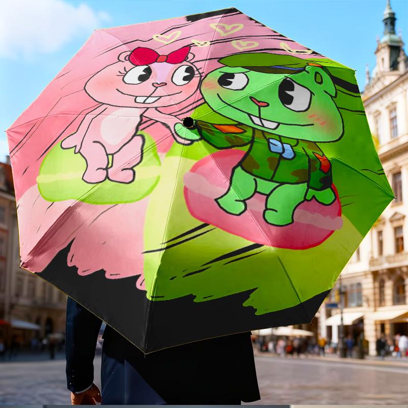 Happy Tree Friends Anniversary Mini Umbrella, 5-Fold, Lightweight, Retractable Umbrella Features 8 Ribs, Ideal for Outdoor Use Birthday Gifts