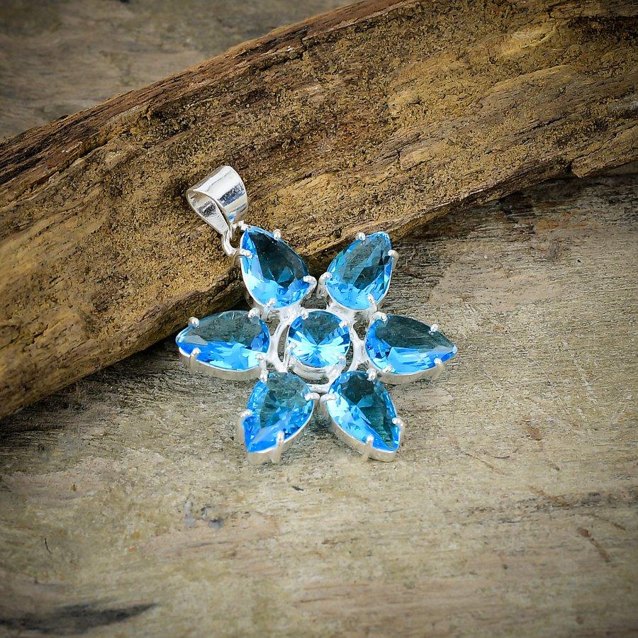 Swiss Blue Topaz Gemstone 925 Sterling Silver Jewelry Pendant 1.77" M-72