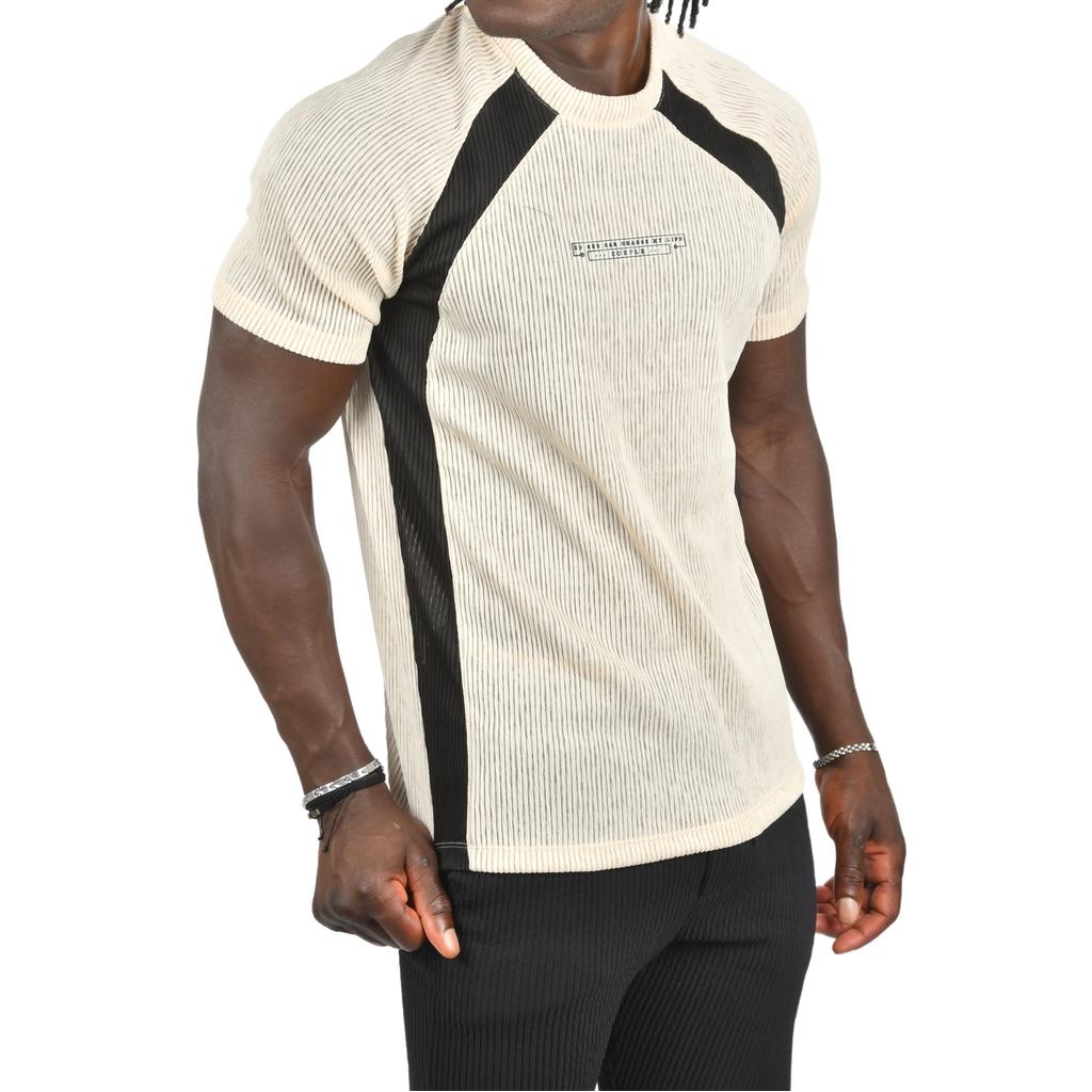 Облегающая футболка DeepSEA из лайкры в рубчик с боковыми полосками и надписью спереди 2403231