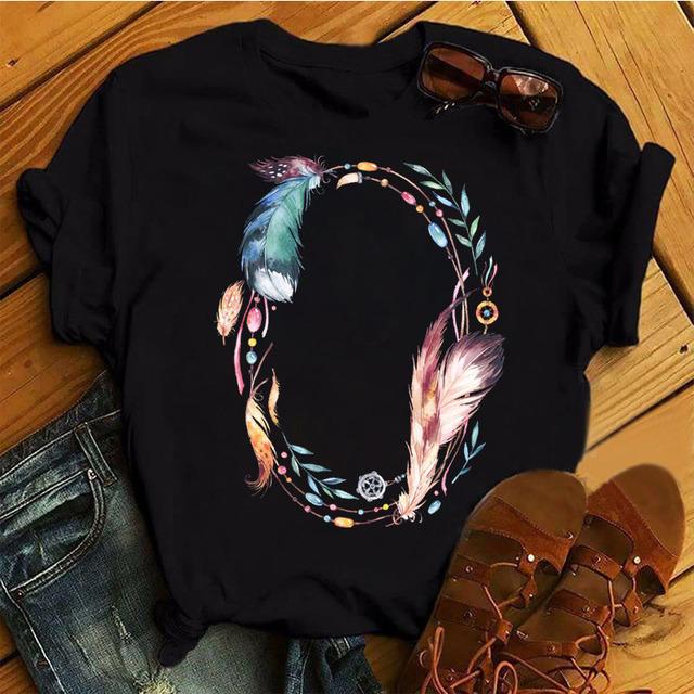 Harajuku женская футболка с принтом в виде перьев и цветов, женская новая черная футболка, женские милые графические футболки, женские повседневные топы, футболка