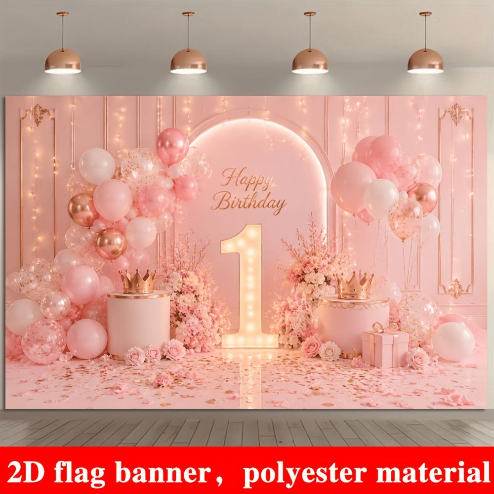 2D planar flag 1 piece 2D flag Pink 1st birthday theme background, can be used as a photo backdrop or wall decoration