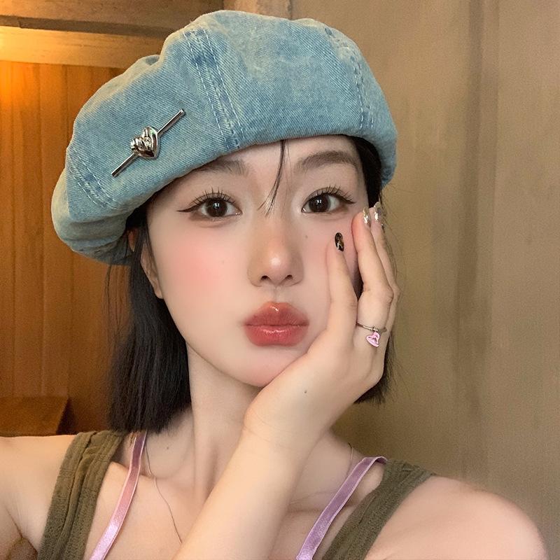 Love Metal Sign Cowboy Berets for Women Blue Denim Washed Cotton Octagonal Painter Hat Korean Casual Versatile Retro Newsboy Cap Vintage Painter Hats