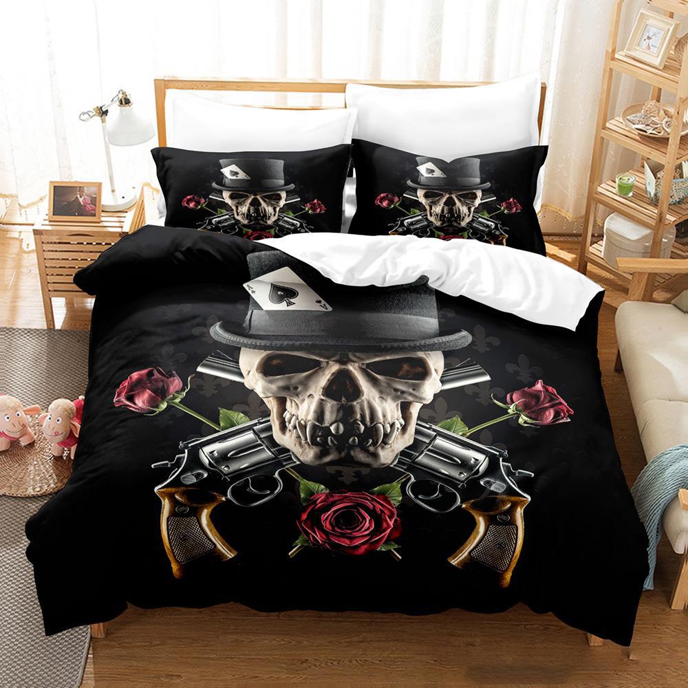 Комплект постельного белья Roses and Skulls All Season Twin Single Twin Full Queen King Size Bed Set Aldult Kid Bedroom Duvetcover Sets Anime