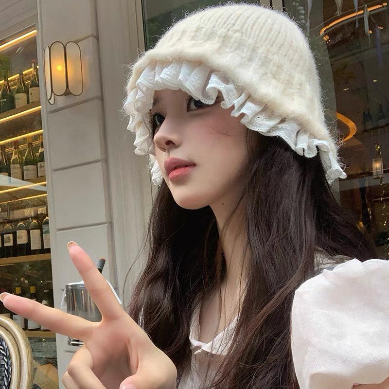 Lace Knitted Bucket Hat Women'S Autumn And Winter Street Sweet Versatile Outdoors Warm Casual Big Head Bob Cap