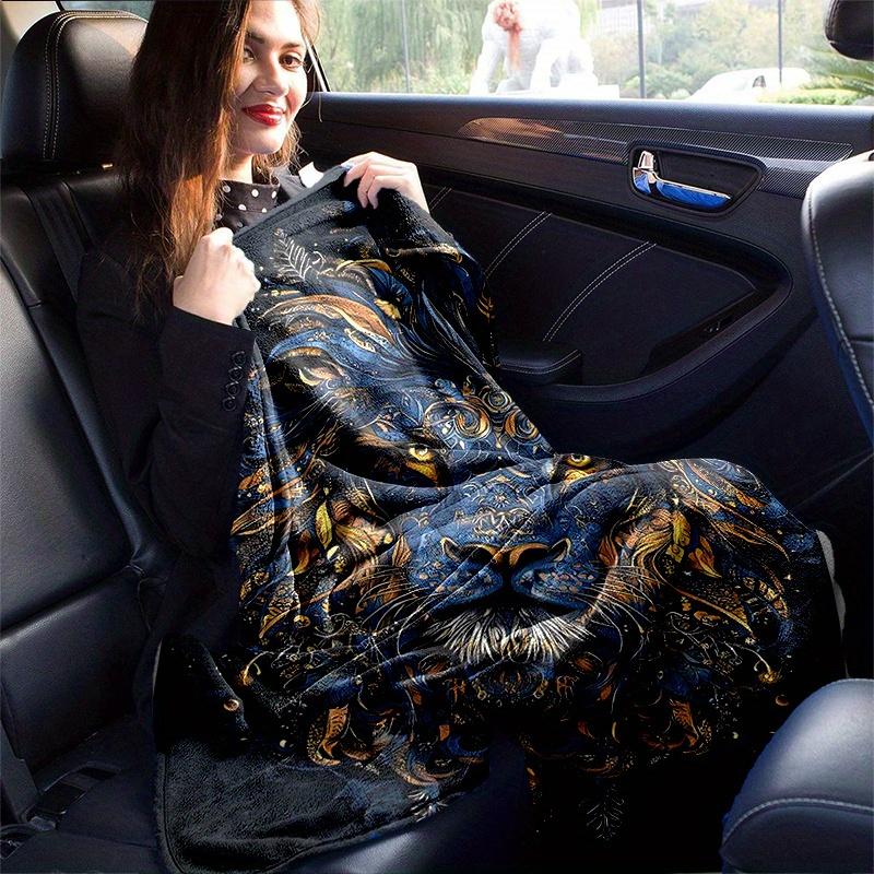 1pc Blue and Gold Ornate Lion Portrait Blanket Soft and Cozy for All Seasons, Living Room, Travel, Camping, Car Blankets