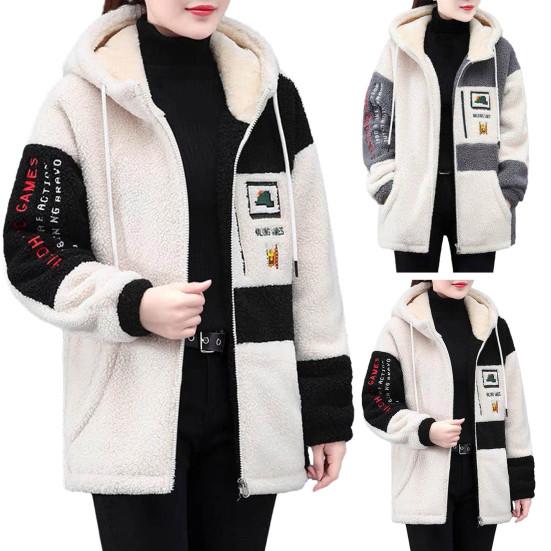 Женская осенне-зимняя куртка с капюшоном и цветными блоками, толстый плюшевый кардиган с длинным рукавом и вышивкой букв, на шнурке, мягкая уютная молния, Cosure, кардиган, женское пальто средней длины