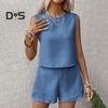 2 шт./комплект женский жилет шорты костюм круглый вырез без рукавов однотонный топ с высокой талией короткие брюки отпуск повседневный наряд летняя пляжная одежда