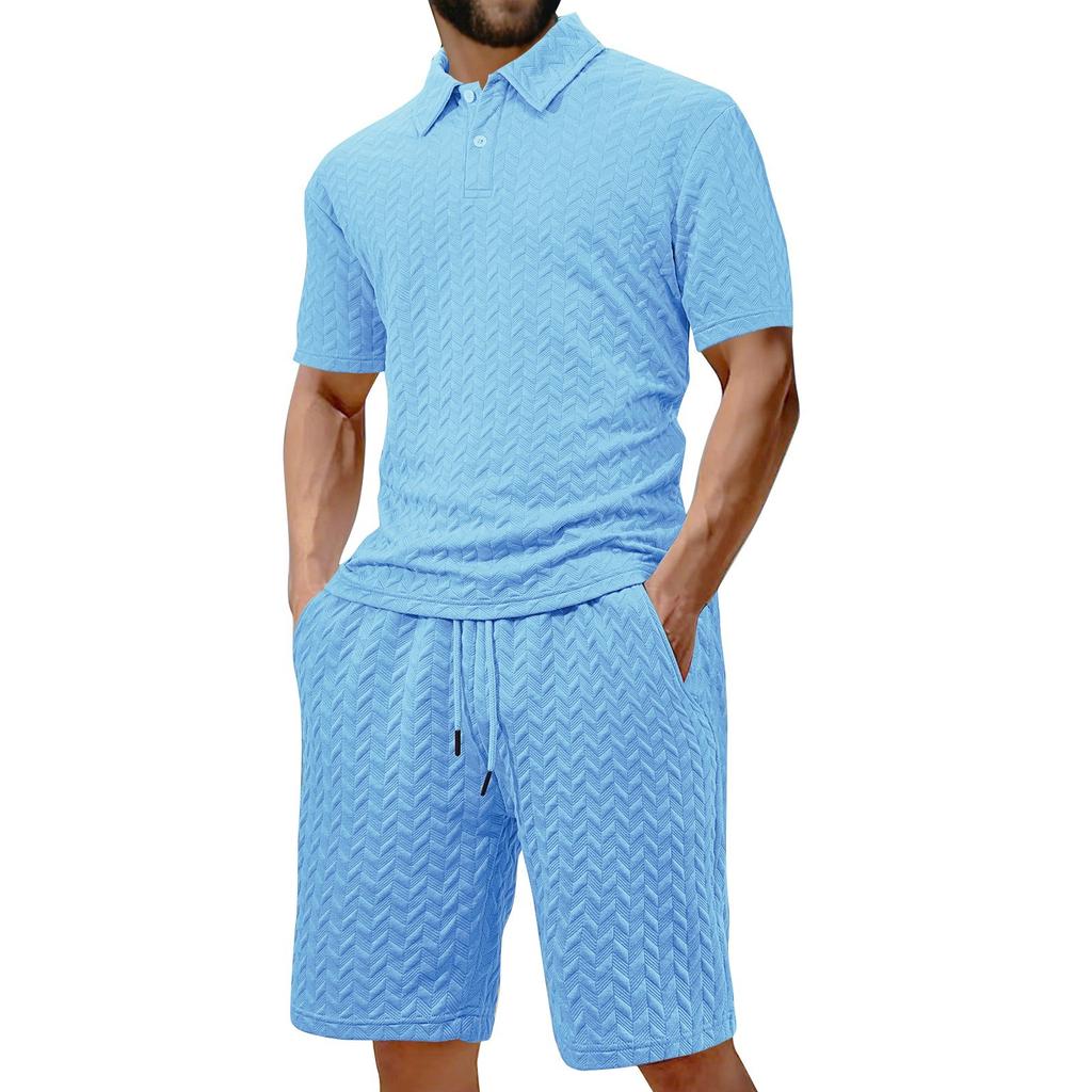 Мужская летняя однотонная рубашка с коротким рукавом и лацканами на пуговицах, комплект из шорт