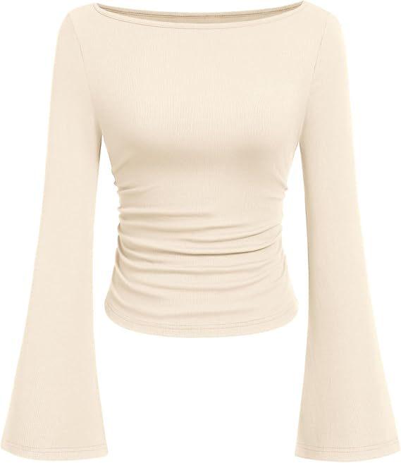 2025 Autumn Slim Fit Women's Boat Neck Bell Sleeve Ruched Top - Solid Color, Long Sleeve