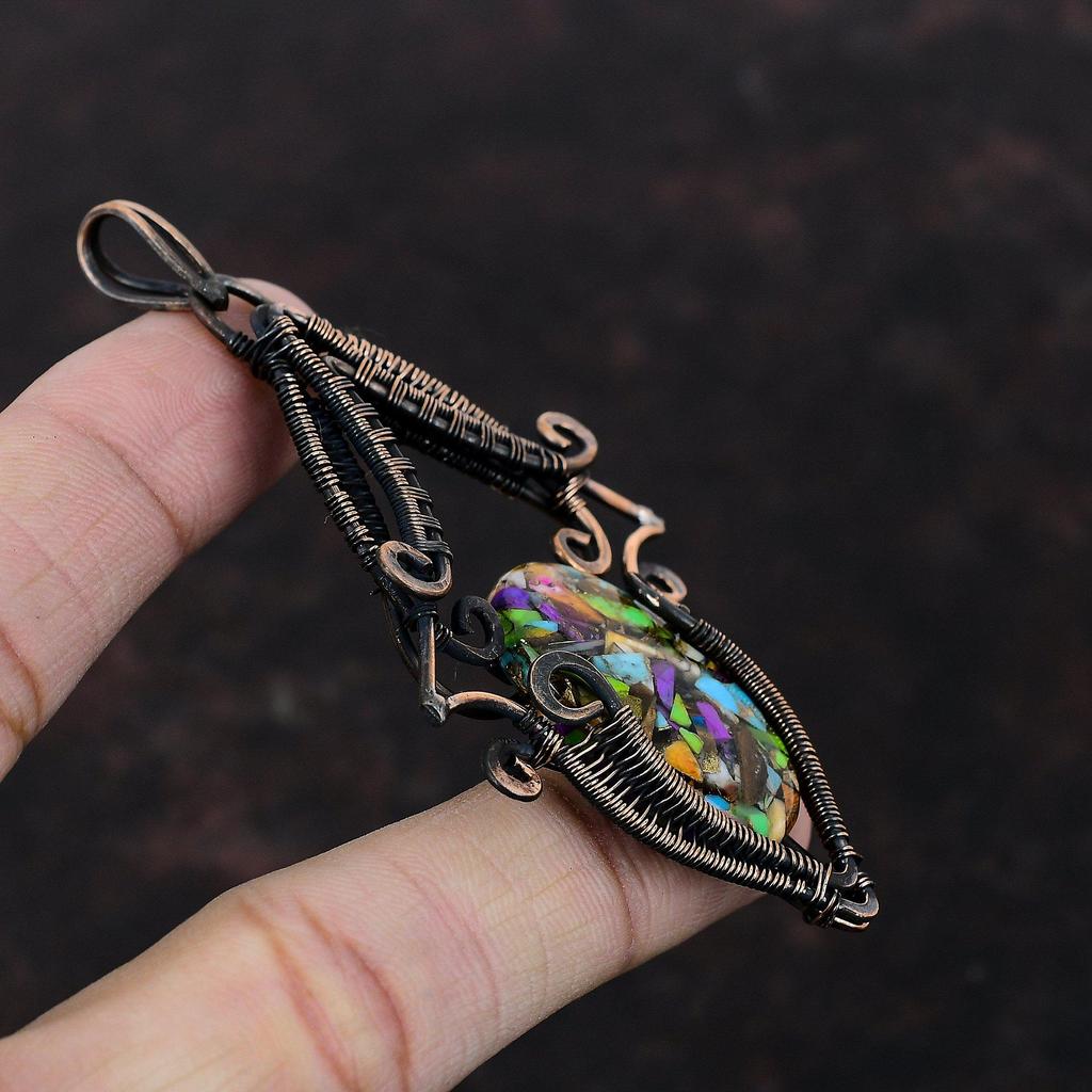 Fiesta Kingman Бирюзовый кулон Мульти Медный бирюзовый кулон Медная проволока обернутая подвеска Драгоценные камни подвеска ручной работы Медные украшения