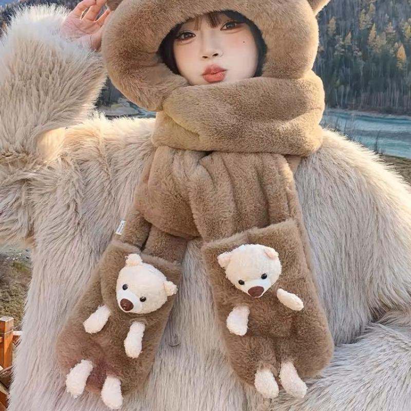Шапка-медведь Зима Осень Зима Милые перчатки Шарф Плюшевый теплый комплект из трех предметов Нагрудник с капюшоном Защита ушей