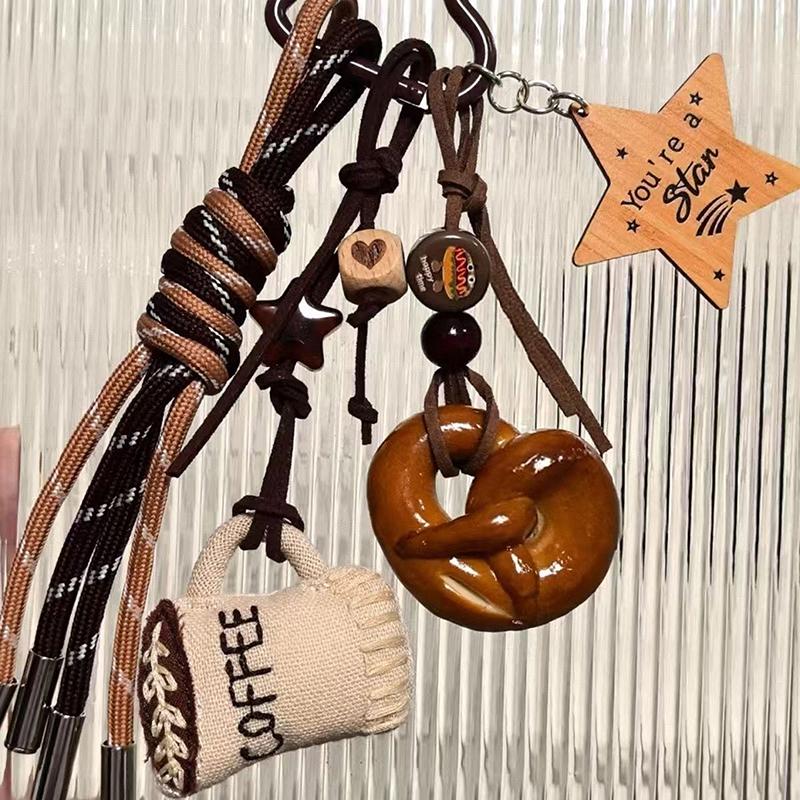 Y2K Korean Brown Cute Alkaline Bread Keychain  Braided Rope Keyring Bag Pendant Backpack Hanging Decoration Girl Gifts