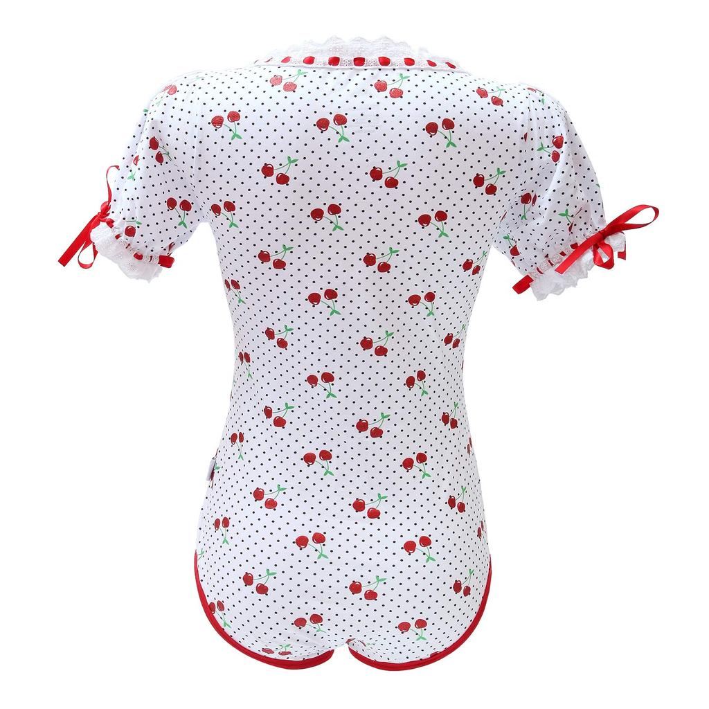 [LittleForBig] Adult Lolita Romper [Sparkling Cherry Print] Ribbon Bow Lace Cotton Pajamas, Size S