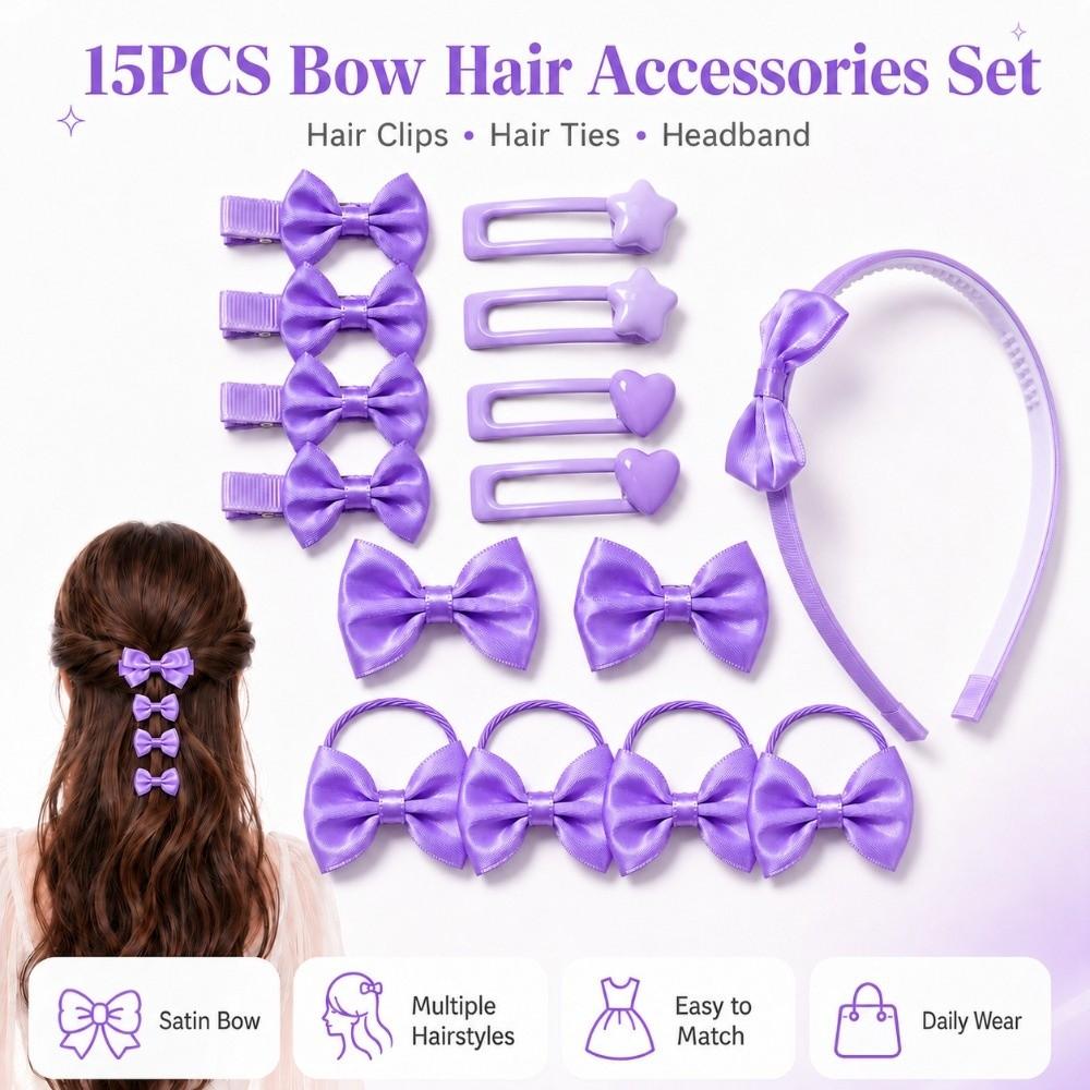 15Pcs/Set Colorful Bow Hair Accessories Set Satin Bow Hair Ties New Bow Headband Girls Gifts