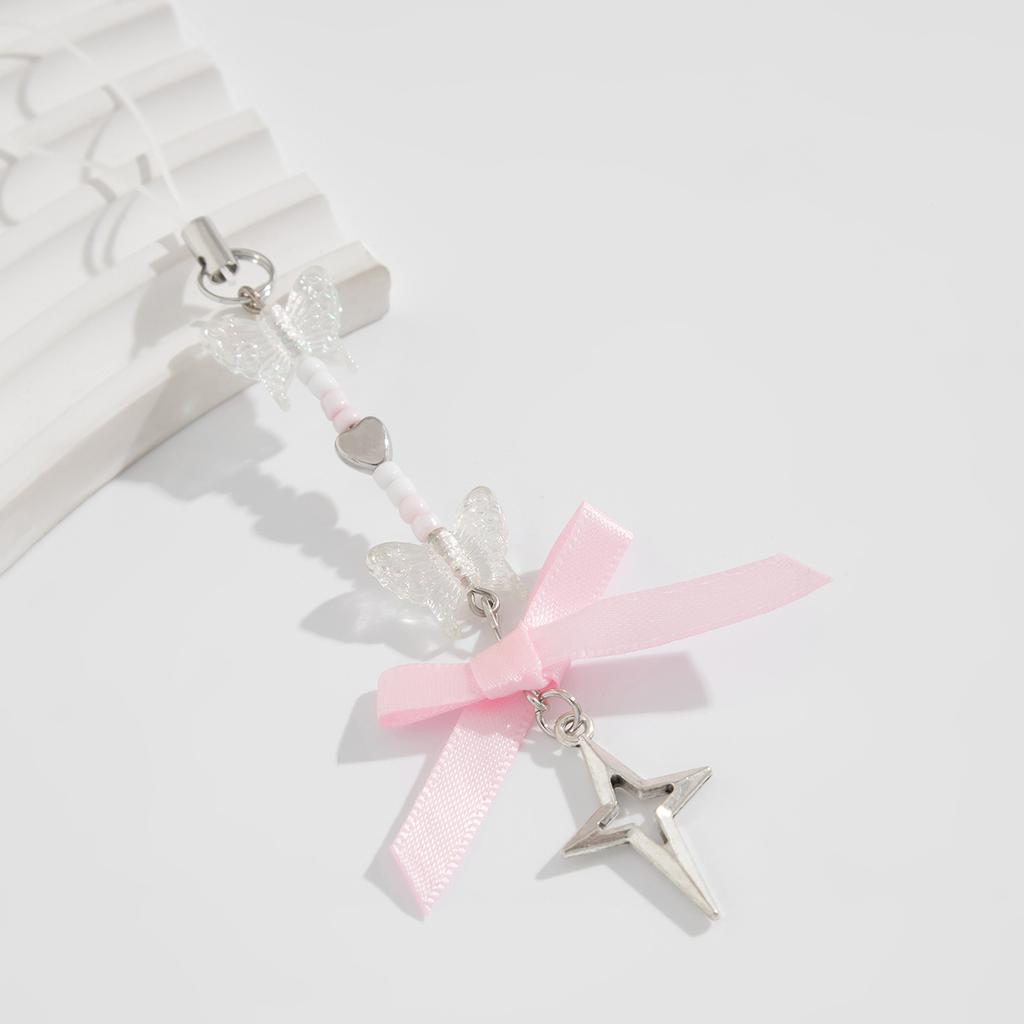 Fashion Sweet Y2K Girls Ribbon Bow Beaded Keychain Alloy Love Heart Star Rabbit Strawberry Pendant Pearls Glass Beads Chains Jewelry Accessories