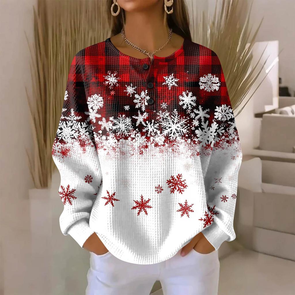Women's Fashionable Casual Christmas Print V-Neck Long-Sleeved Button-Down Blouse