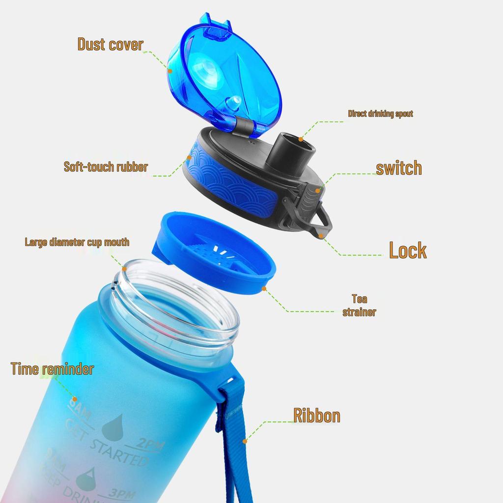 Tritan Frosted 1000ml Plastic Water Bottle with Time & Capacity Scale, Portable Handle