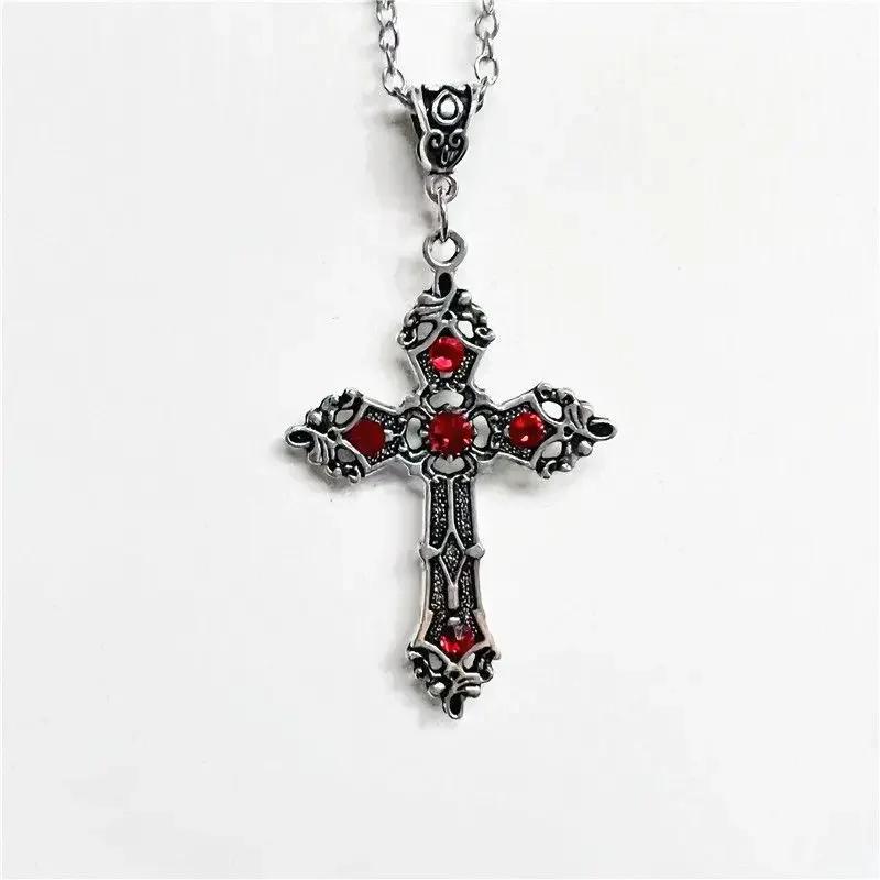 Gothic black ruby cross pendant men's women's necklace European and American retro simple fashion jewelry gifts