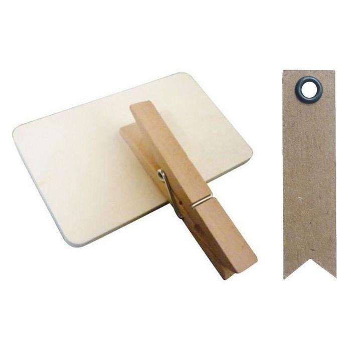 6 деревянных прищепок с доской 9 см + 20 крафт-этикеток Флажок