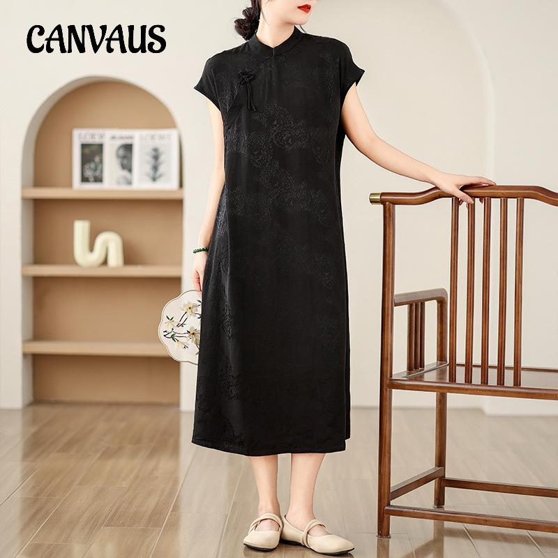 Summer Cotton Linen Plus Size Women's Dress Literary Retro Disc Buckle Jacquard Cheongsam Chinese Ethnic Style Dresses