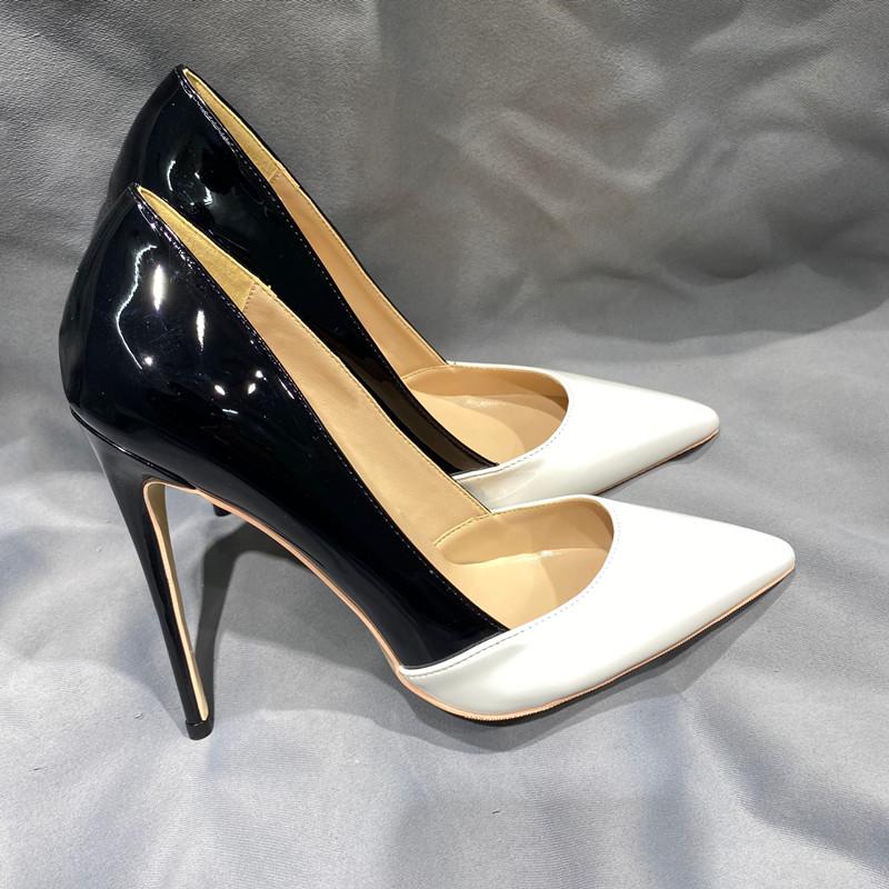 Туфли-лодочки на высоком каблуке, белые и черные, в стиле пэчворк, из кожи, женские, с заостренным носком, 12 см, сексуальные свадебные туфли-лодочки, размер 42, 44, 45