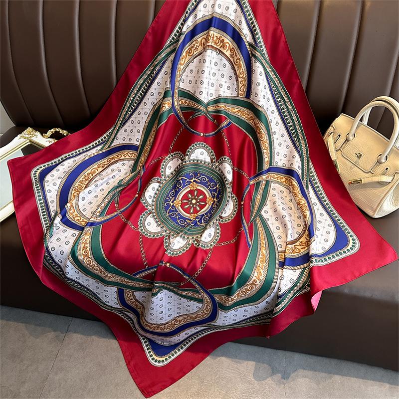 New Print Silk Satin Muslim Scarf Luxury 90cm Shawl Wrap Neckerchief Female Wraps Echarpe Bandana Hijab Head Scarve Gift