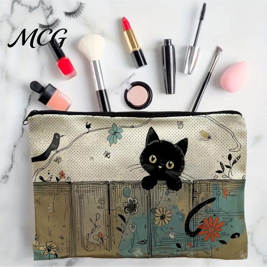 Leak-proof Storage Pouch Cat Printed Bag, with Smooth Zipper, Thickened Polyester Black Zipper Bag Makeup Multipurpose Pencil Case Travel Toiletry
