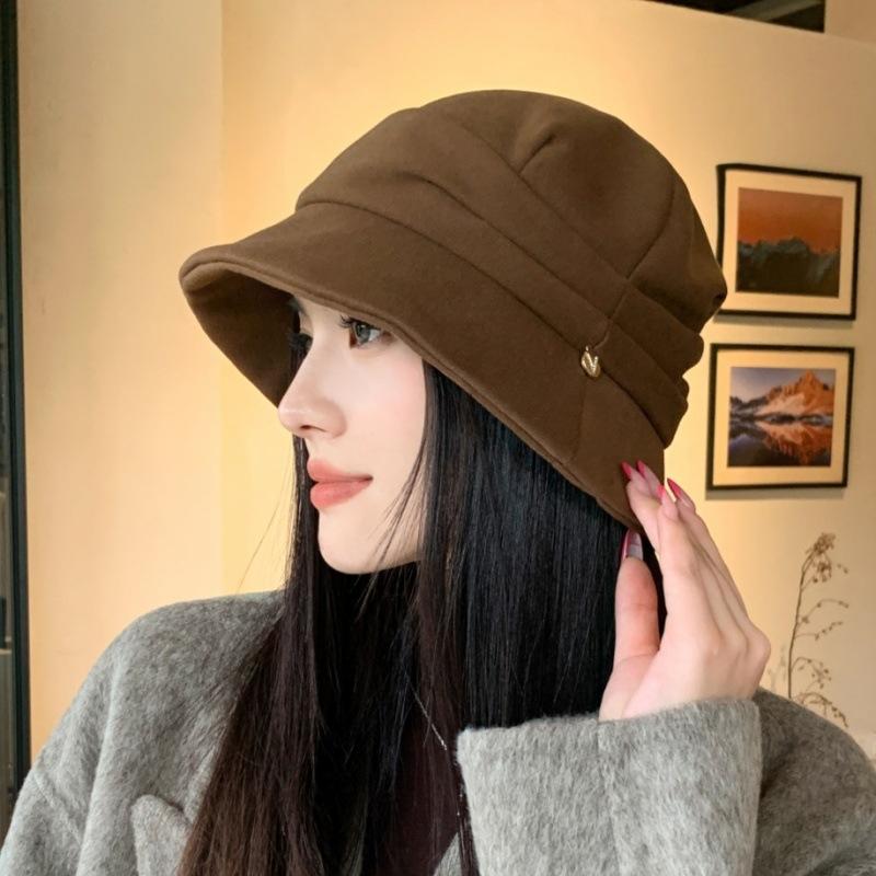Sense of design Side stack pleated basin hat Versatile bucket hat Autumn and winter thickened thermal visor spot