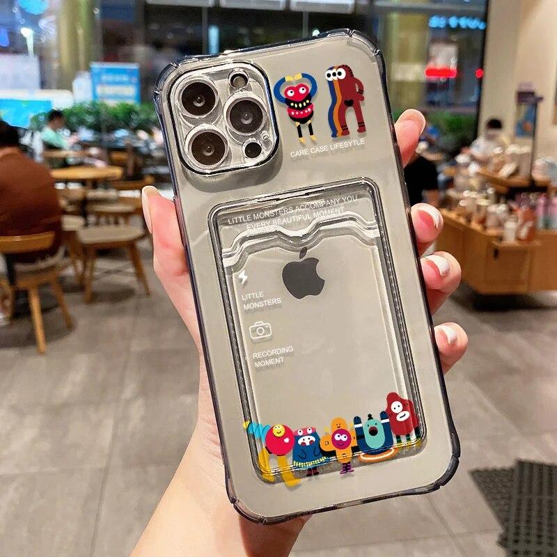 Забавный чехол для телефона Monster для iPhone 11, чехол для iPhone 14 Pro 12 13 15 Pro Max XR XS 7 8 Plus SE, прозрачный чехол-держатель для слота для карт