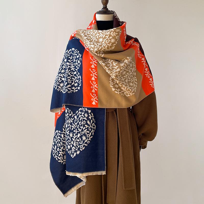 Heart-Shaped Contour Floral Simple Contrasting Colors Korean Women'S Thermal Scarf Fashionable High-End Shawl