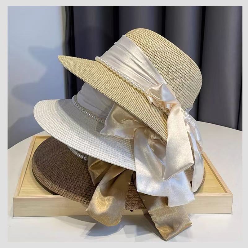 French Elegant Ribbon Bow Pearl Grass Hat Women's Summer Dome Sunscreen Travel Shade Versatile Eaves Hat
