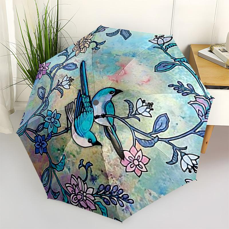 1pc Birds Flowers Automatic Folding Umbrella - Compact 8-Rib Design, Durable Plastic & Iron, Lightweight for Outdoor Daily Use062