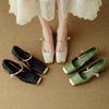 2024 Spring/summer New National Style Cloth Cowhide Square Head Color Matching Thick with Mary Jane Single Shoes Woman