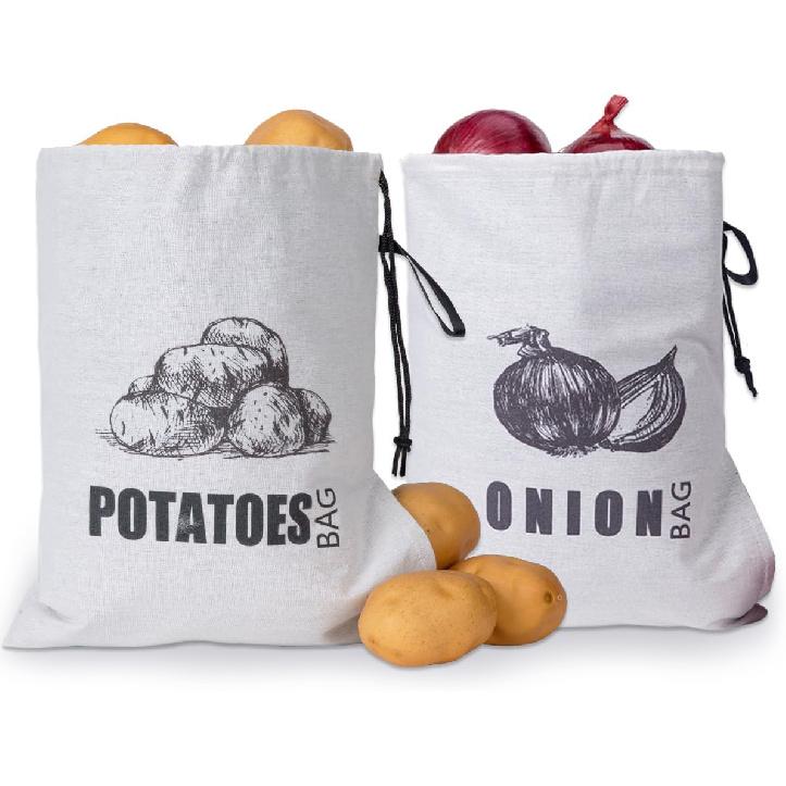 TOGETRUE Potato Onion Storage Bag, Fabric Onion and Potatoes Storage Bag, Washable Garlic Potatoes Onions Keeper with Drawstring for Pantry, 2 Pack