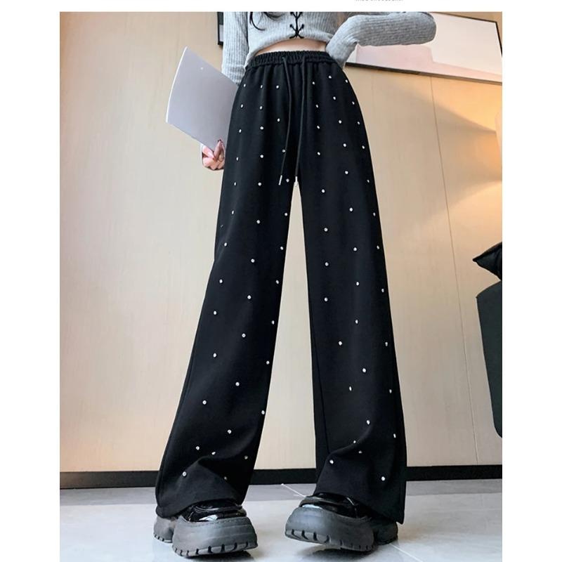 Heavy Industry Hot Diamond Wide Leg Pants for Women's Spring New Casual High Waist Loose Straight Tube Drop Floor Dragging Pants
