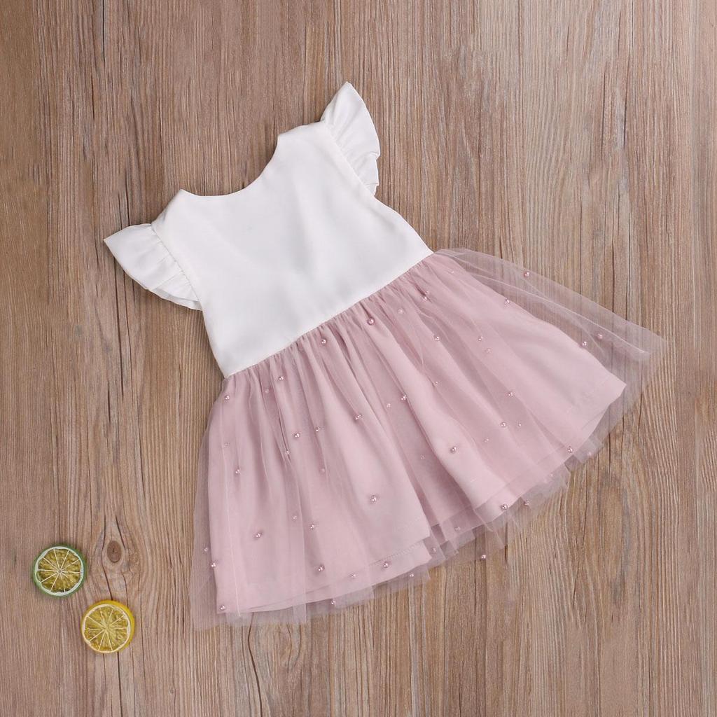 Little Girls Summer Dress, Ruffle Sleeve Round Neck Lace Back Zipper Up Dress, Mesh Multi-Layer Princess Party TuTu Dress