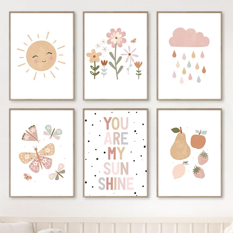 Весенние облака, радуги, подсолнухи, бабочки, цифры, постеры, принты, мультфильмы, настенное искусство, холст, картина, скандинавские девушки, декор детской комнаты