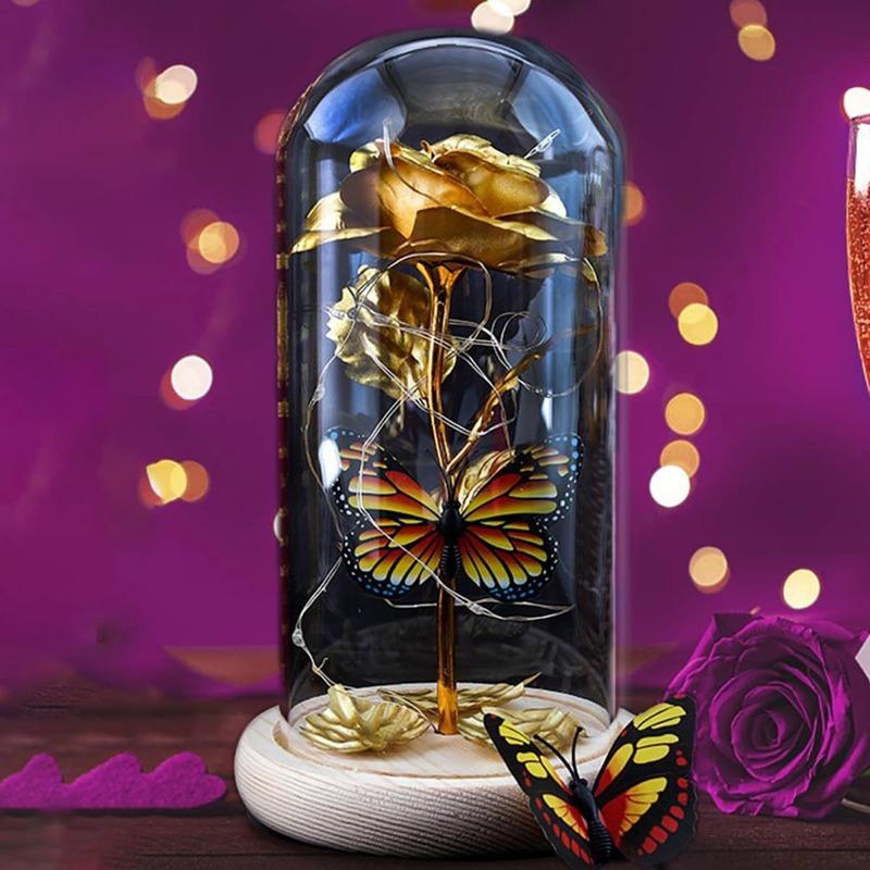 Galaxy Glass Rose Eternal Crystal Flower Birthday Gift Light Up Rose In Glass Dome with Butterfly for Mom Sister Mothers Day Gifts Holiday Gifts
