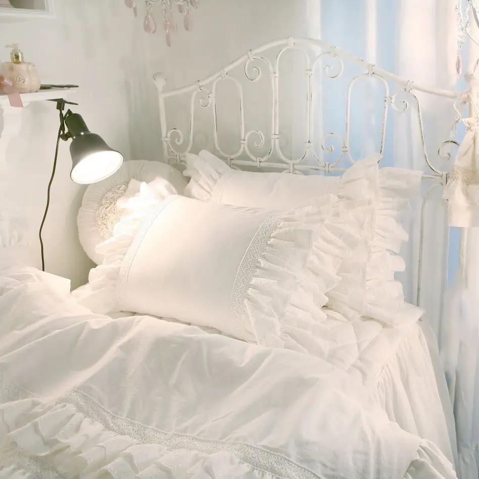 Korean Princess Style Bedding Set Stitch Lace Ruffles Bed Linen Room Decor Double Duvet Cover Set Bed Skirt Pillow Cases
