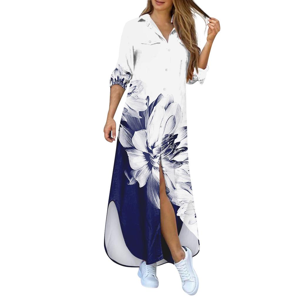 Women's Shirt Dress Sexy Casual Printed Long Sleeve Shirt Loose Slit Maxi Dress Button Collar