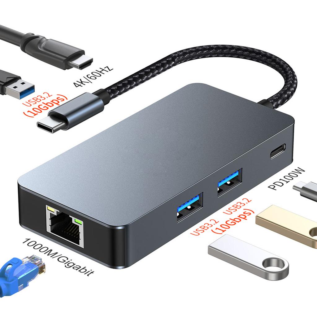 6 in 1 TYPE-C to RJ45 Gigabit USB 3.2 HDMI PD100W Interface Hub Adapter Dock