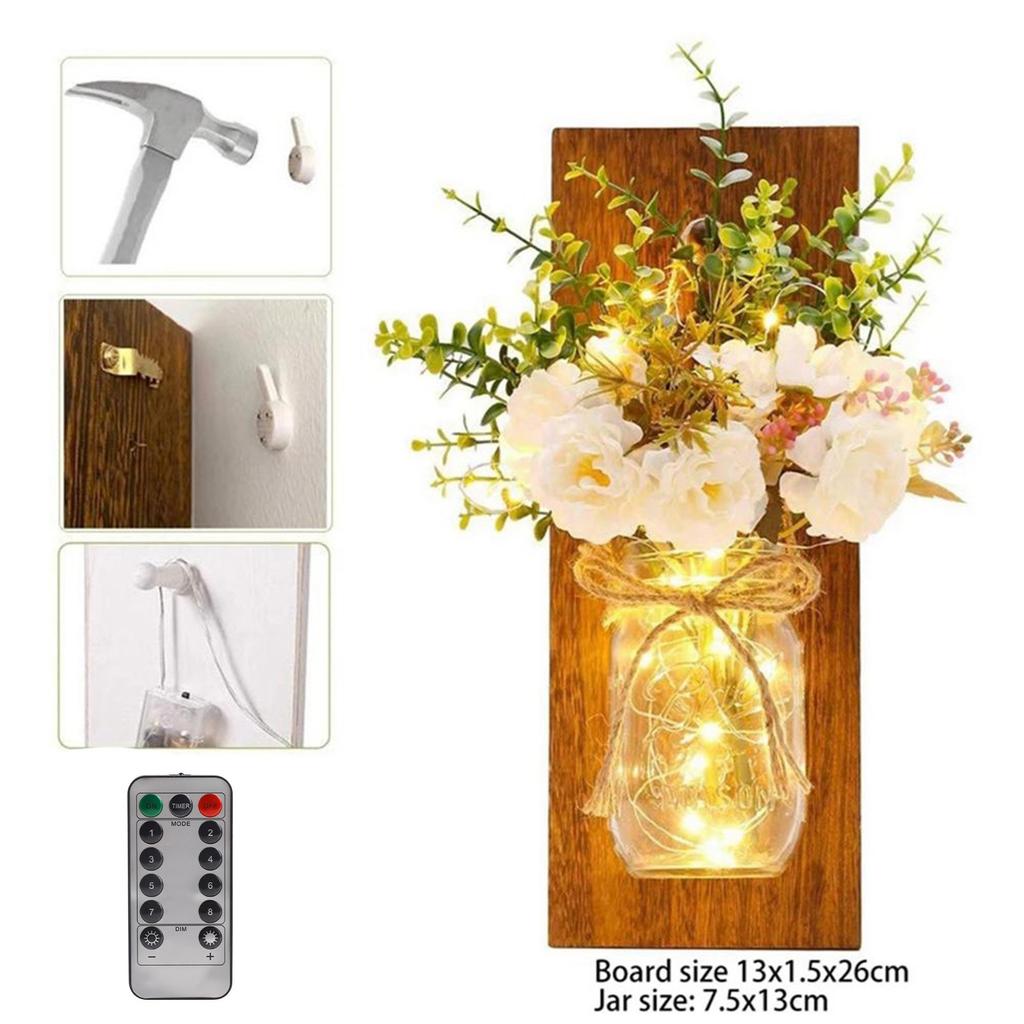 2 Pcs Glass Jar Wall Sconces Decor Rustic Wall Lamp with Remote Control LED Fairy Lights and White