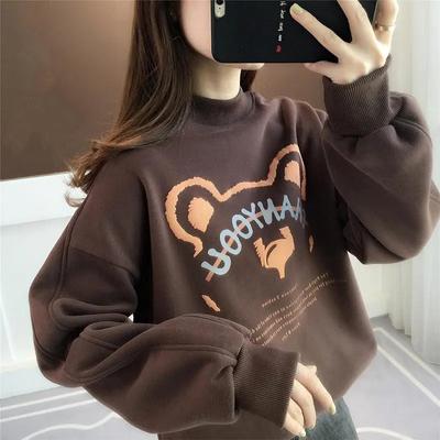 Утолщенный хлопковый свитер, женский осенний свободный топ с полувысоким воротником и мягким принтом, теплый и удобный пуловер, повседневные топы