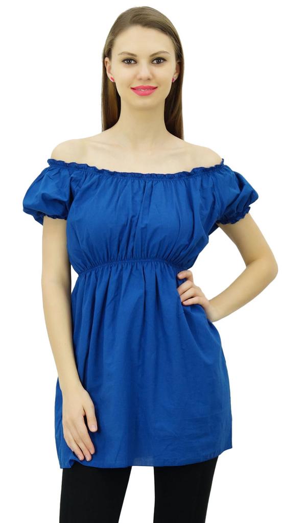 Bimba Женские топы с открытыми плечами и пышными рукавами, блузка с эластичной талией, хлопок