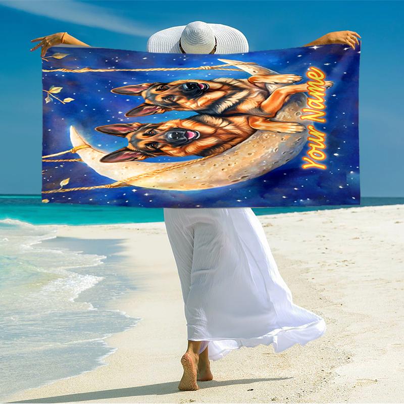 1PC Custom Name Moonlit Canine Dreamscape Beach Towel Highly Absorbent And Sand-Resistant Towel for Swimming, Pool, Yoga, And Travel Lightweight