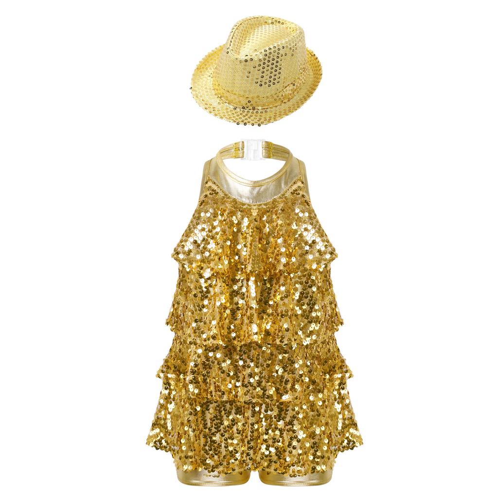 Girls Modern Jazz Latin Leotard Halter Backless Shiny Sequins Ruffles Dance Costume Hat