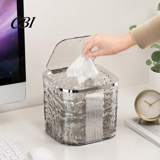 Small Trash Bin for Desk Desktop Can with Pop-Up Lid, Transparent Glacier Texture Waste Compact Bedroom Bin, Plastic Garbage Container Bathroom Office