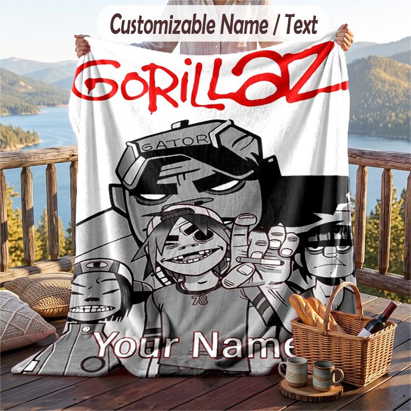 Custom Text Flannel Throw Blanket, Lightweight Cozy Bed Sofa BlanketGorillaz