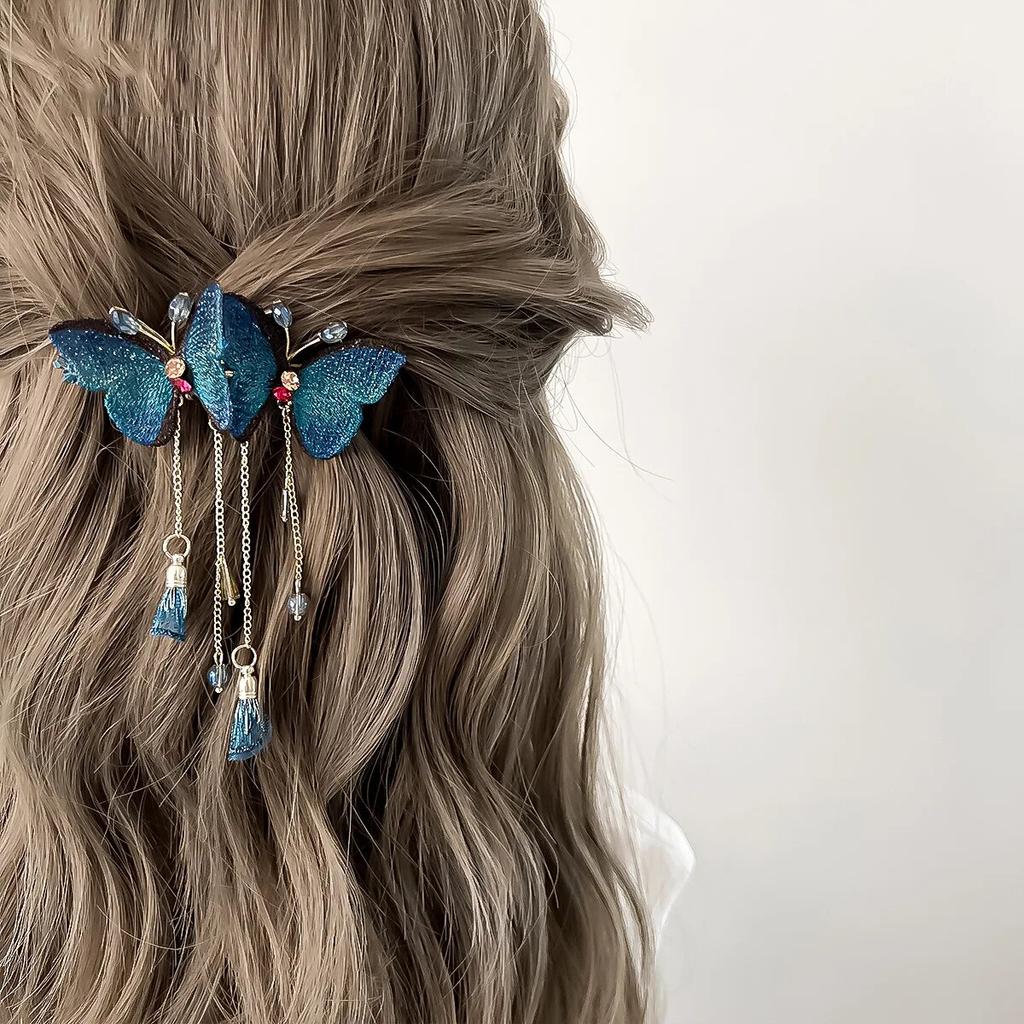 Blue Butterfly Tassels Insert Comb Clip Vintage Elegant Women Girls Ponytail Hair Clip Flower Leaf Tassel Hairpin Styling Tools