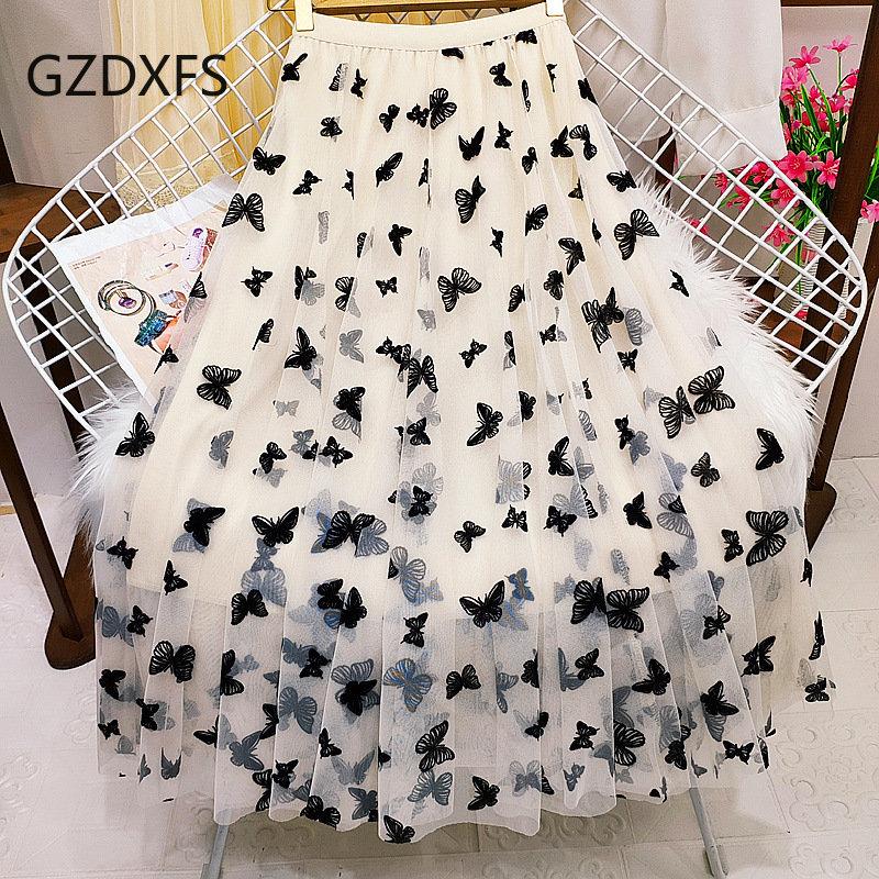 Юбка-сетка с флоком бабочек Юбка-юбка Юбка-юбка Осенне-зимняя плиссированная юбка Юбка-трапеция средней длины